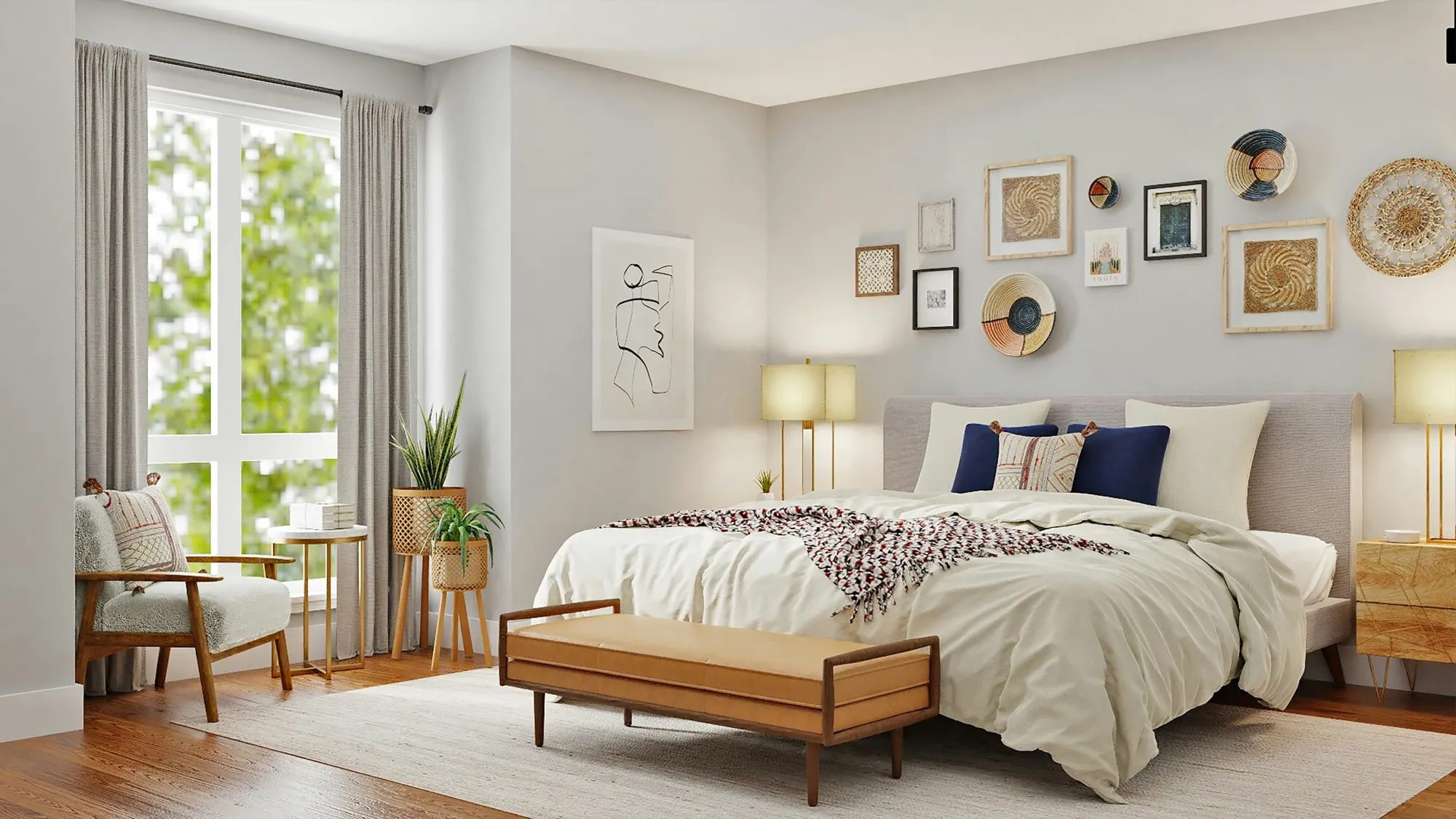 A calm bedroom with soft neutral bedding